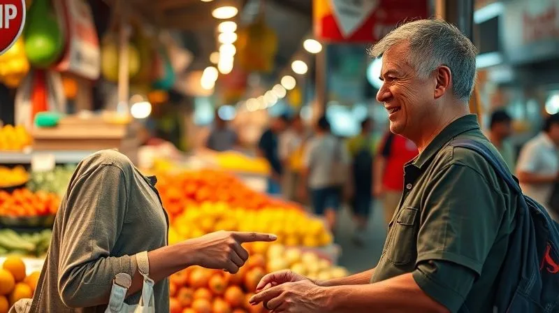A photorealistic image of a digital nomad (person of color, 30s) engaging in a friendly conversation with a local street vendor in a bustling market in Southeast Asia. Both are smiling, one pointing to local produce, symbolizing cultural exchange and connection. Vibrant market colors, cinematic lighting, sharp focus on their interaction, depth of field blurring the background market activity. 8K hyper-detailed, professional photography, shot on a high-end DSLR, conveying authentic local immersion and connection.