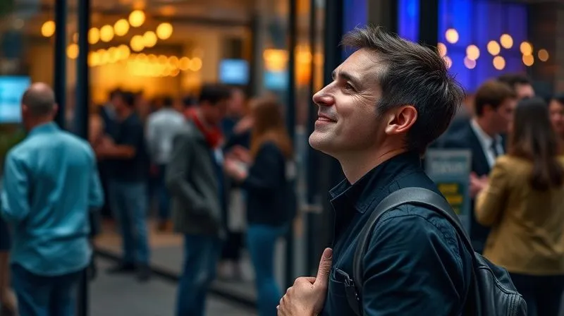 A photorealistic image of a person (digital nomad) taking a deep, calming breath before entering a bustling local networking event. They are standing just outside the entrance, composed and ready, with a subtle smile. The interior of the event is visible, full of engaged people. Cinematic lighting, sharp focus on the person, depth of field blurring the event. 8K hyper-detailed, professional photography, shot on a high-end DSLR, conveying overcoming social anxiety and readiness to connect.