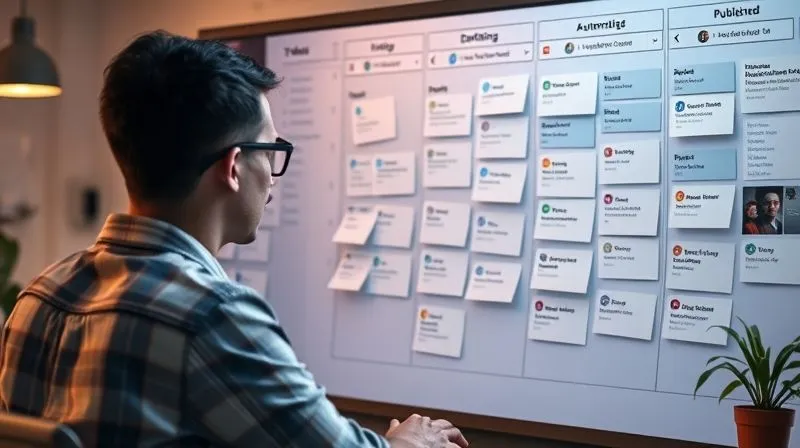 A photorealistic, professional photography, 8K, cinematic lighting, sharp focus, depth of field, shot on a high-end DSLR, showing a Trello board specifically for content creation, with cards moving automatically through lists like 'Idea', 'Drafting', 'Review', 'Scheduled', 'Published'. Digital lines connect the lists, symbolizing automation, and a creative person is seen brainstorming in a dynamic, modern workspace.