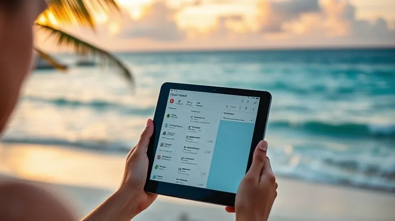 A photorealistic, professional photography, 8K, cinematic lighting, sharp focus, depth of field, shot on a high-end DSLR, showing a Trello board on a tablet held by a digital nomad, displaying travel plans, flight details, and accommodation bookings, with automated checks and reminders. The background is a stunning view of a tropical beach at sunset, emphasizing freedom and efficiency.