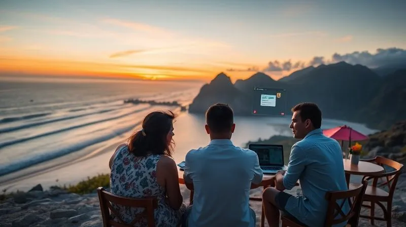 A photorealistic, professional photography, 8K, cinematic lighting, sharp focus, depth of field, shot on a high-end DSLR, showing a diverse team of digital nomads collaborating seamlessly across different time zones, depicted through interconnected digital Trello boards floating in the air, symbolizing smooth workflow and communication. Each person is in a unique, inspiring location (beach, mountain, cafe), yet united by the technology.