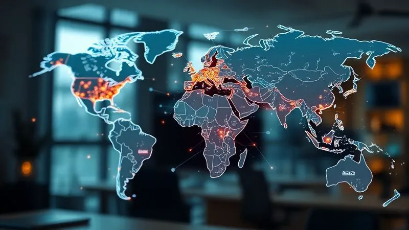 photorealistic, professional photography, 8K, cinematic lighting, sharp focus, depth of field, shot on a high-end DSLR. A detailed, glowing world map with various interconnected data points and lines, overlaid with search bar icons and keyword bubbles, symbolizing global keyword research and digital connections. The map is set against a subtle, blurred background of a modern workspace.