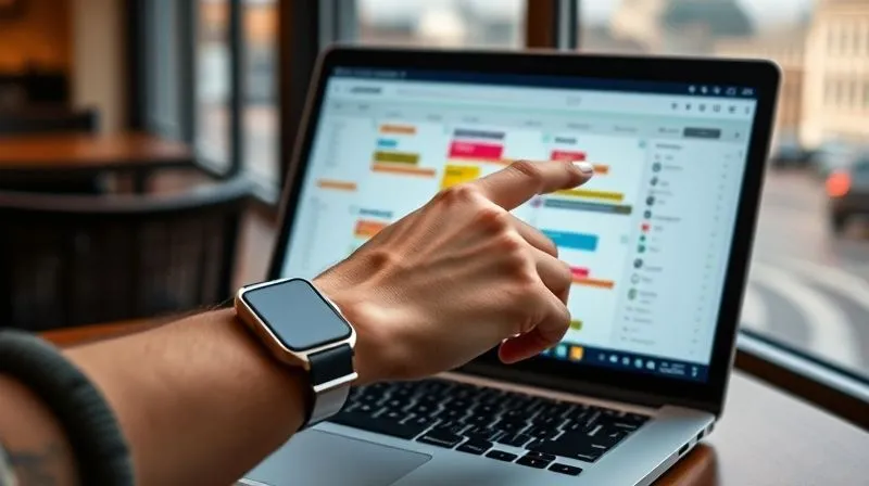 A photorealistic image of a digital nomad's hand, wearing a minimalist watch, pointing to a meticulously organized digital planner on a laptop screen, which displays color-coded time blocks and task lists. The background shows a blurry but inviting view of a foreign city from a cafe window. Cinematic lighting highlights the focused hand and screen, sharp focus, depth of field, 8K hyper-detailed, professional photography, shot on a high-end DSLR.