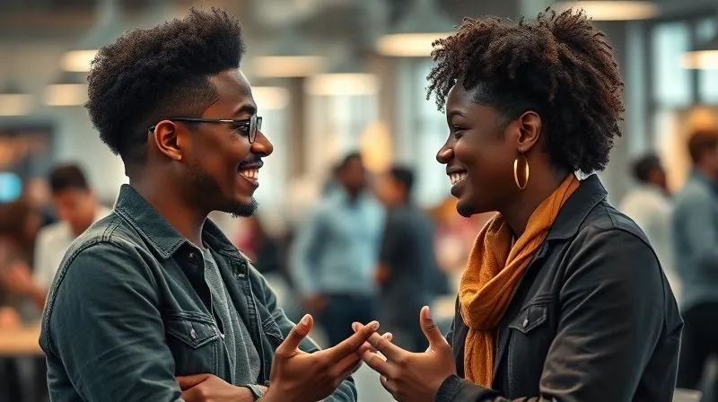 A photorealistic image of two diverse individuals, one a digital nomad, engaged in a deep, empathetic conversation in a bustling international co-working space. Their body language is open and engaged, with eye contact. The background shows blurred faces and activity, emphasizing their focused interaction. Cinematic lighting, sharp focus on their expressions, depth of field, 8K hyper-detailed, professional photography, shot on a high-end DSLR, emotionally resonant with connection and understanding.