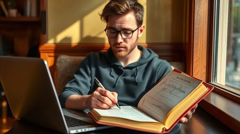 A photorealistic image of a digital nomad sitting thoughtfully in a cozy, sunlit corner of a cafe, writing in a leather-bound journal. A laptop is open but slightly out of focus, suggesting reflection over active work. The journal is open to a page with handwritten notes and a self-assessment chart. Cinematic lighting, sharp focus on the journal and the pensive expression of the nomad, depth of field, 8K hyper-detailed, professional photography, shot on a high-end DSLR, emotionally resonant with introspection and self-improvement.