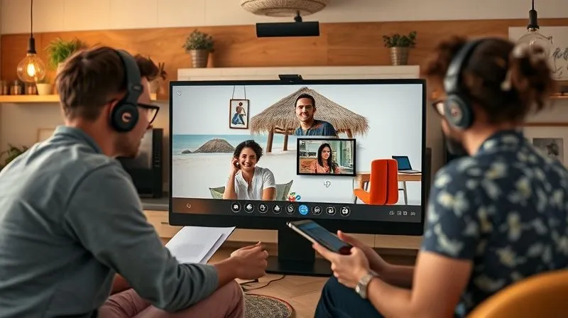 A photorealistic image of a diverse group of digital nomads from different parts of the world collaborating seamlessly on a video call, each in their unique remote workspace (a cafe, a beach hut, a home office). The screen shows shared documents and a friendly atmosphere. Cinematic lighting, sharp focus, depth of field. 8K hyper-detailed.