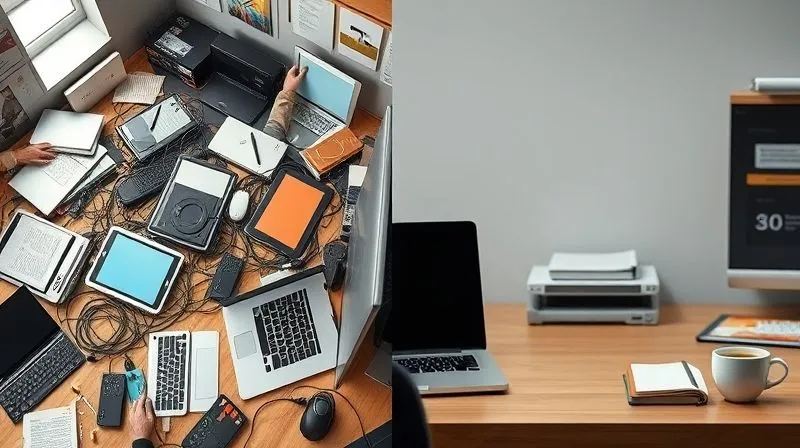 A photorealistic image showing a clear contrast: on the left, a cluttered desk with multiple open laptops, tablets, and tangled cables, symbolizing digital overwhelm. On the right, a minimalist workspace with a single, sleek laptop, a notebook, and a cup of coffee, exuding calm and focus. Cinematic lighting, sharp focus on the minimalist side, depth of field blurring the cluttered side, 8K hyper-detailed, professional photography, shot on a high-end DSLR.
