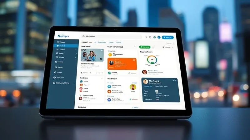 A photorealistic image of a sleek, modern tablet or laptop screen displaying a clean, organized dashboard of a versatile productivity/learning tool (e.g., Notion or Obsidian). The screen shows interconnected notes, tasks, and resources, symbolizing consolidation and efficiency. The background is a blurred, dynamic cityscape, representing the digital nomad lifestyle. Cinematic lighting, sharp focus on the screen, depth of field, 8K hyper-detailed, professional photography, shot on a high-end DSLR.