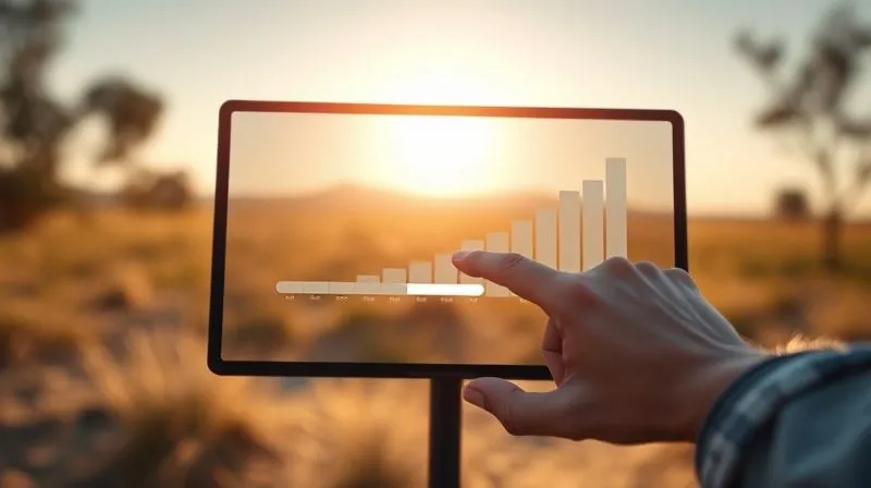 A photorealistic image of a growth chart or progress bar displayed on a digital screen, with a hand (belonging to a digital nomad) confidently moving a slider forward. The background is a serene, sunlit landscape, symbolizing progress and clarity achieved through intentional effort. Cinematic lighting, sharp focus on the screen and hand, depth of field, 8K hyper-detailed, professional photography, shot on a high-end DSLR.