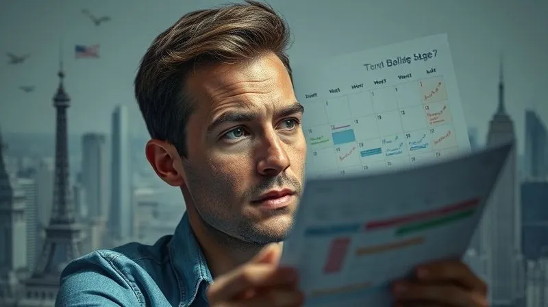 A photorealistic image of a person looking at a chaotic calendar filled with conflicting appointments and travel dates, feeling overwhelmed, with a background of various international landmarks, cinematic lighting, sharp focus on the person's expression, depth of field, 8K hyper-detailed, professional photography, shot on a high-end DSLR.