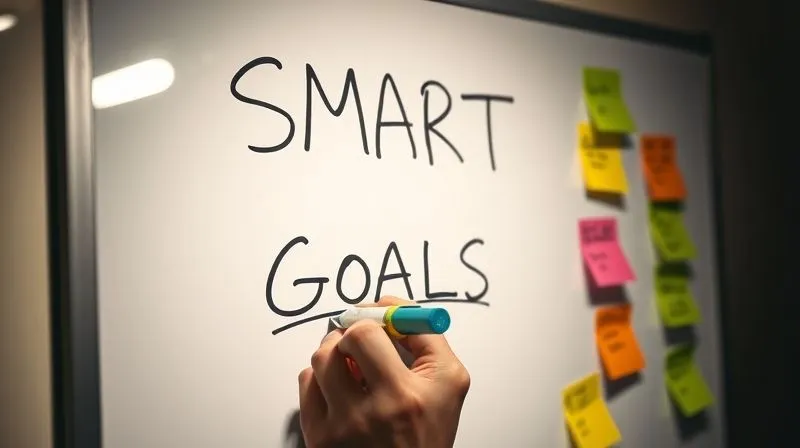 A photorealistic image of a hand writing down "SMART Goals" on a whiteboard with colorful markers, surrounded by sticky notes representing specific, measurable, achievable, relevant, and time-bound objectives, cinematic lighting, sharp focus on the whiteboard, depth of field, 8K hyper-detailed, professional photography, shot on a high-end DSLR.