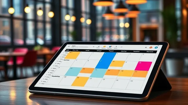 A photorealistic image of a sleek digital planner open on a tablet, showing color-coded time blocks for different activities like "Deep Work," "Meetings," and "Exploration," with a background of a modern co-working space in a vibrant city, cinematic lighting, sharp focus on the tablet, depth of field, 8K hyper-detailed, professional photography, shot on a high-end DSLR.