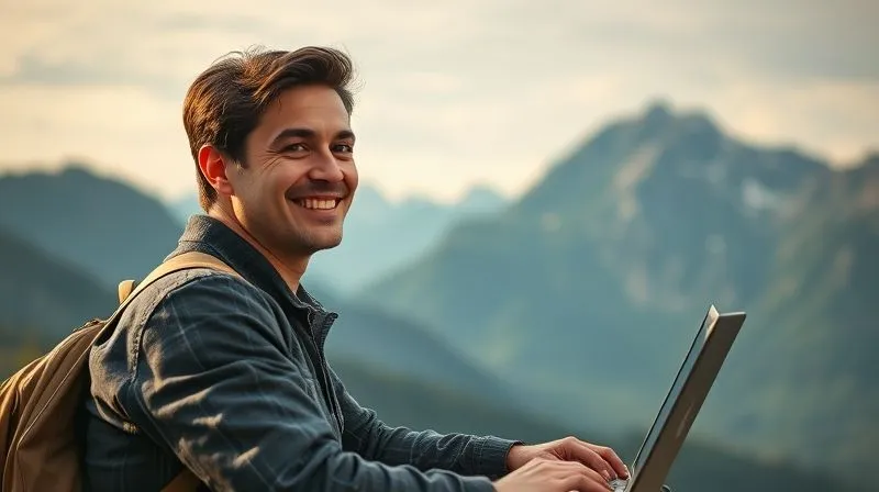 A photorealistic image of a digital nomad, smiling confidently, looking at a mountain range or a beautiful natural landscape, with a small, neatly organized workspace (laptop, notebook) in the foreground, suggesting balance and achievement, cinematic lighting, sharp focus on the person, depth of field, 8K hyper-detailed, professional photography, shot on a high-end DSLR.