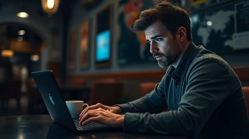 A photorealistic image of a digital nomad, mid-30s, looking frustrated at a laptop screen showing a 'no internet connection' error, while sitting in a vibrant, slightly rustic cafe in a foreign country. Dim, atmospheric lighting, sharp focus on the laptop and the nomad's expression, depth of field blurring the cafe background. 8K hyper-detailed, professional photography, shot on a high-end DSLR, conveying the challenge of unreliable connectivity.