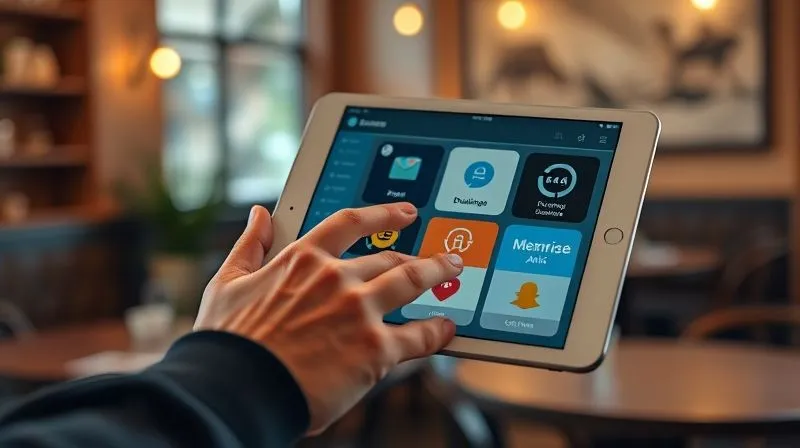 A photorealistic close-up shot of a hand holding a tablet, displaying various language learning app interfaces (Duolingo, Memrise, Anki) with prominent 'downloaded' or 'offline mode' icons. The background is a subtly blurred, cozy cafe interior. Cinematic lighting, sharp focus on the tablet screen and hand, depth of field. 8K hyper-detailed, professional photography, shot on a high-end DSLR.