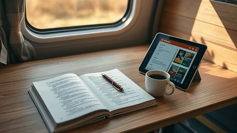 A photorealistic still life of a neatly organized desk in a minimalist camper van interior. On the desk, there's an open language textbook, a well-used notebook with handwritten foreign words, a pen, and a tablet displaying a language app. A small, steaming cup of coffee is beside them. Soft, natural light streams through a window. Cinematic lighting, sharp focus on the learning materials, depth of field blurring the van interior. 8K hyper-detailed, professional photography, shot on a high-end DSLR, conveying dedicated offline study.