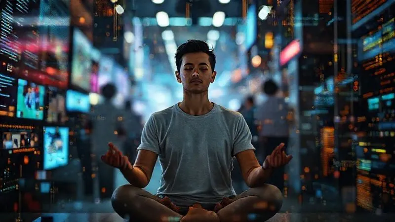 A photorealistic image of a person meditating calmly amidst a bustling digital interface, symbolizing focus and inner peace despite external distractions. The person is in sharp focus, with the digital elements subtly blurred in the background. Cinematic lighting, 8K, professional photography, shot on a high-end DSLR.
