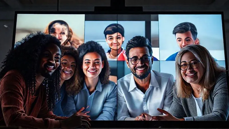 A photorealistic image of diverse individuals from different parts of the world collaborating seamlessly on a virtual meeting, their faces illuminated by screen light, conveying connection and effective remote teamwork. Cinematic lighting, 8K, professional photography, shot on a high-end DSLR.