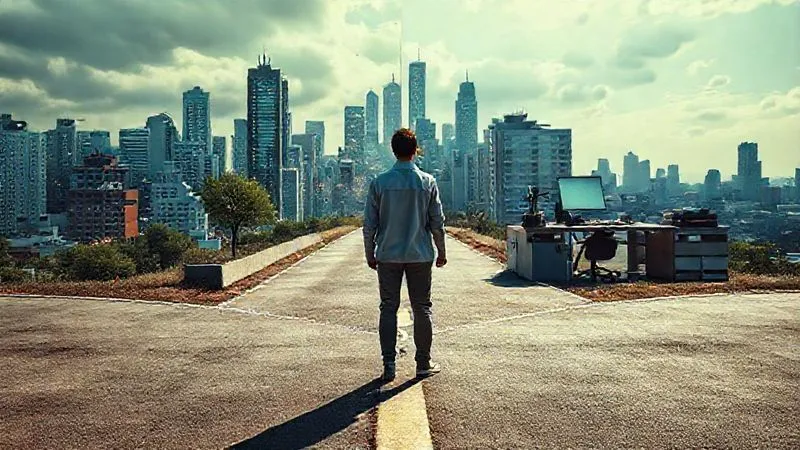 A photorealistic image of a person at a crossroads, one path leading to a chaotic, distracting cityscape and the other to a serene, focused workspace, symbolizing the choice between distraction and discipline. Cinematic lighting, 8K, professional photography, shot on a high-end DSLR.