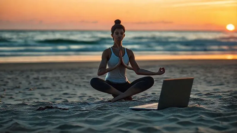 A photorealistic image of a digital nomad practicing yoga or meditation on a beach at sunrise, with a laptop subtly placed nearby, symbolizing work-life balance and well-being. Cinematic lighting, 8K, professional photography, shot on a high-end DSLR.
