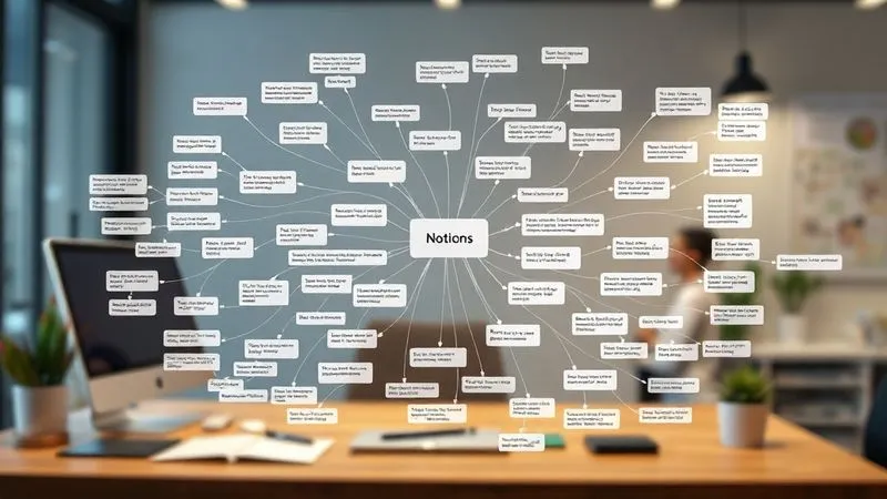 A photorealistic image of a Notion page displaying a complex web of interconnected notes and ideas, with lines and arrows indicating relationships between different concepts. The layout should mimic a digital mind map or a Zettelkasten system, with clear titles and short summaries for each 'note'. Cinematic lighting, sharp focus on the digital connections, depth of field blurring the background of a modern, minimalist workspace. 8K hyper-detailed.