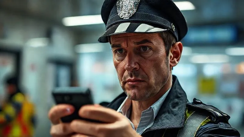 Photorealistic image of a person making a police report, looking distressed but determined, with a blurred background of a police station or a local authority office. Cinematic lighting, sharp focus, 8K hyper-detailed, professional photography.