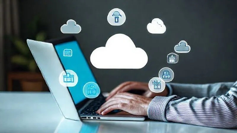 A photorealistic image of a person calmly setting up a new laptop, with various cloud service icons floating around the screen, representing data restoration from secure backups. The mood is one of quiet determination and recovery. Cinematic lighting, sharp focus, 8K hyper-detailed, professional photography.