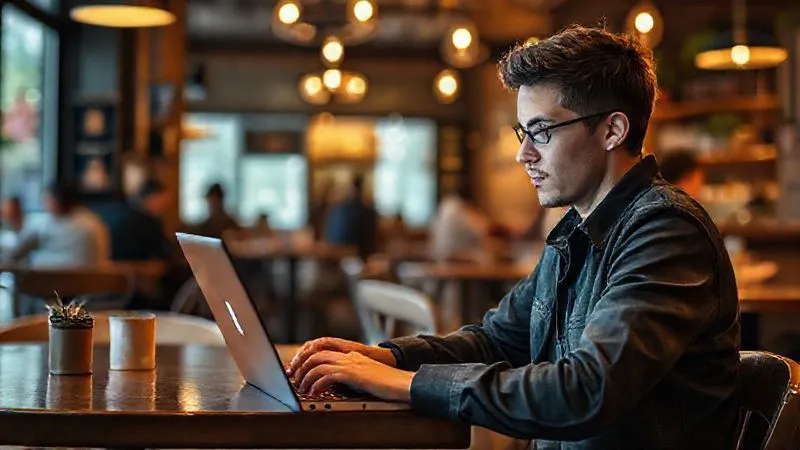 A photorealistic image of a digital nomad working calmly in a bustling cafe, but with a subtle, glowing shield around their laptop, representing digital resilience and proactive security measures. The lighting is natural and vibrant, sharp focus on the person and laptop, depth of field blurring the cafe background. 8K hyper-detailed, professional photography.