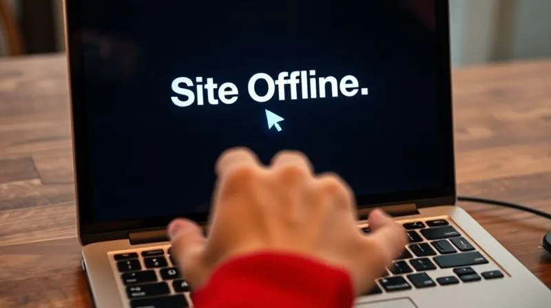 A photorealistic image of a laptop screen displaying a 'Site Offline' message with a blinking cursor, conveying urgency and a sense of immediate action. A hand is reaching towards the keyboard, ready to type. Cinematic lighting, sharp focus, depth of field, 8K hyper-detailed, professional photography, shot on a high-end DSLR.