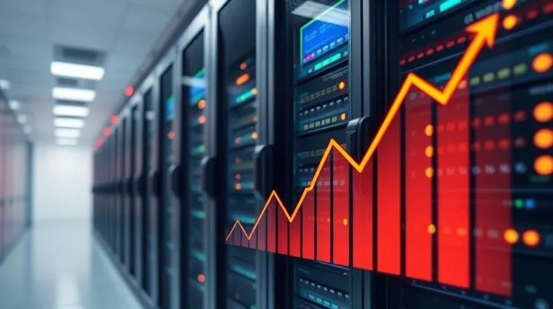 A photorealistic image of a secure data center server rack with blinking lights, representing robust data backup and continuous monitoring. A digital overlay shows an upward trend graph. Cinematic lighting, sharp focus, depth of field, 8K hyper-detailed, professional photography, shot on a high-end DSLR.