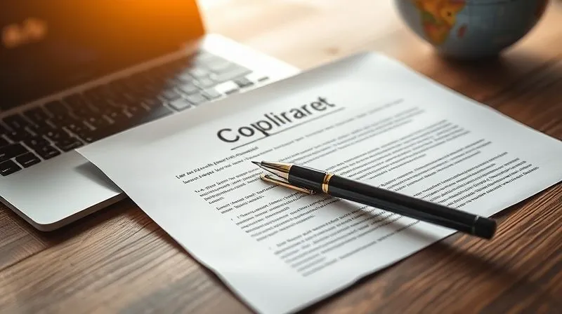 A photorealistic image of a legal document with a pen, surrounded by a laptop and a globe, symbolizing legal compliance and global regulations for digital nomads. The document highlights sections on data protection. Cinematic lighting, sharp focus, depth of field, 8K hyper-detailed, professional photography, shot on a high-end DSLR.