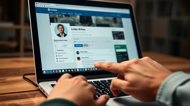 A photorealistic close-up of a laptop screen displaying a professional LinkedIn profile, with a hand pointing to a section on 'Skills & Endorsements', cinematic lighting, sharp focus, depth of field, 8K hyper-detailed, professional photography, shot on a high-end DSLR.