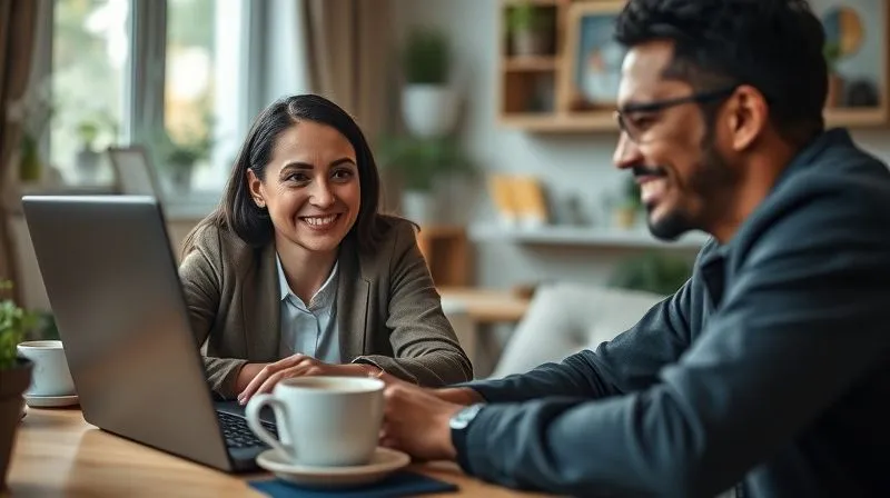 A photorealistic image of two diverse professionals smiling and engaged in a video call on a laptop screen, with a steaming coffee cup next to the laptop, cinematic lighting, sharp focus on the faces, depth of field blurring a cozy home office, 8K hyper-detailed, professional photography, shot on a high-end DSLR, conveying friendly connection.