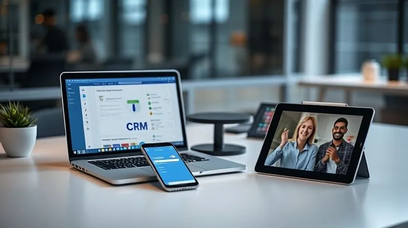 A photorealistic image of a sleek desk setup with a laptop showing a CRM interface, a smartphone displaying a social media app, and a tablet with a video call, all seamlessly integrated. Cinematic lighting, sharp focus on the screens, depth of field blurring a modern, minimalist background, 8K hyper-detailed, professional photography, shot on a high-end DSLR, symbolizing digital connectivity.