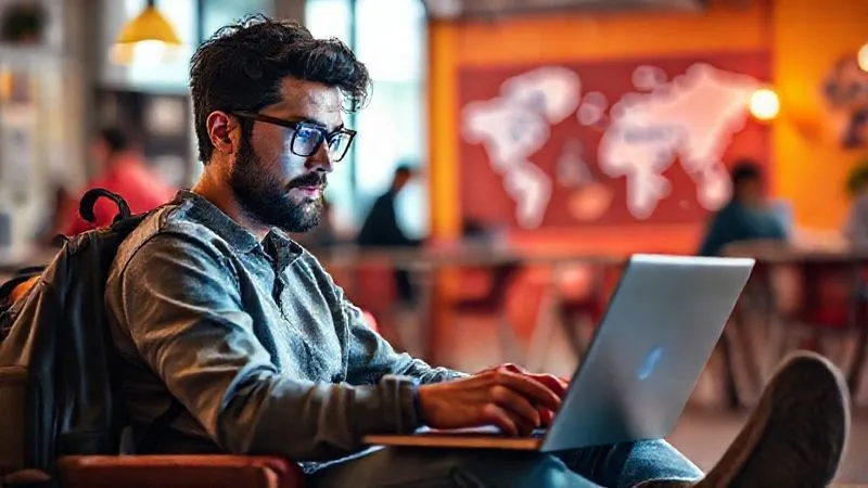 A photorealistic image of a digital nomad sitting comfortably in a vibrant co-working space, looking at a laptop screen with a focused expression, but with a backpack nearby and a world map subtly in the background, symbolizing their nomadic lifestyle. The lighting is bright and inviting, sharp focus on the nomad and laptop, depth of field blurring the background. 8K hyper-detailed, professional photography, shot on a high-end DSLR. Imagine a sense of calm focus amidst a dynamic environment.