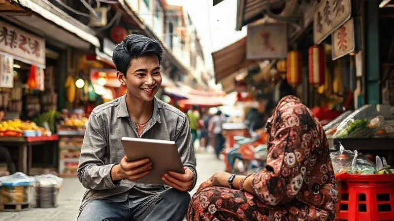 A photorealistic image of a digital nomad sitting outdoors in a bustling marketplace in Southeast Asia, with a tablet open on a language learning app. Surrounding them are street vendors, local food, and unique architecture, subtly displaying foreign scripts. The nomad is smiling, engaged in conversation with a local, representing active immersion. Cinematic lighting, 8K, sharp focus.