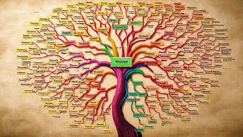 A photorealistic image of a vibrant, multi-layered mind map, with each branch representing a different language (e.g., Spanish, French, Japanese) and each sub-branch detailing thematic vocabulary (e.g., 'Food', 'Travel', 'Technology'). The map is visually appealing, with sharp focus on the interconnectedness and segmented focus. 8K, cinematic lighting.
