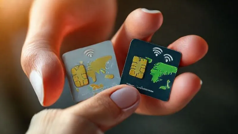 A photorealistic image of a hand holding two different local SIM cards, one with a map of a remote area and a strong signal icon, the other with a different map and signal, symbolizing connectivity options for a digital nomad. Cinematic lighting, sharp focus, 8K hyper-detailed.