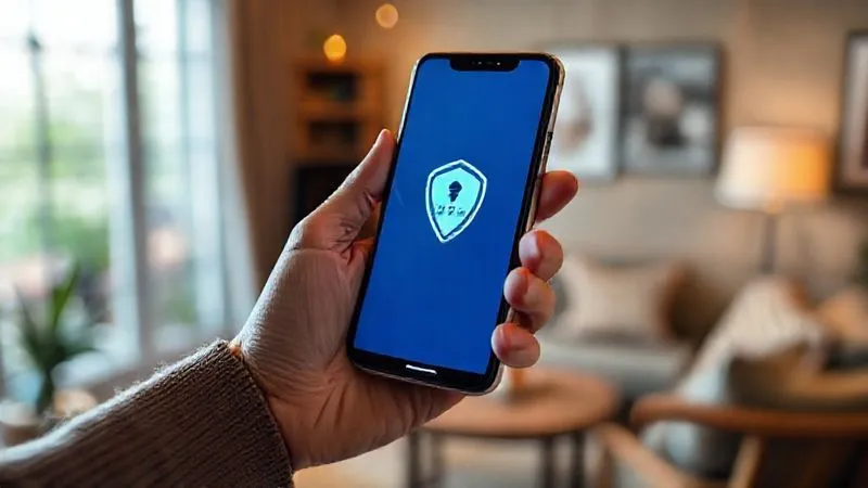A photorealistic image of a digital nomad's hand securely holding a smartphone displaying a VPN connection, with a blurred background of a cozy remote cafe or guesthouse, emphasizing privacy and security. Cinematic lighting, sharp focus, 8K hyper-detailed.