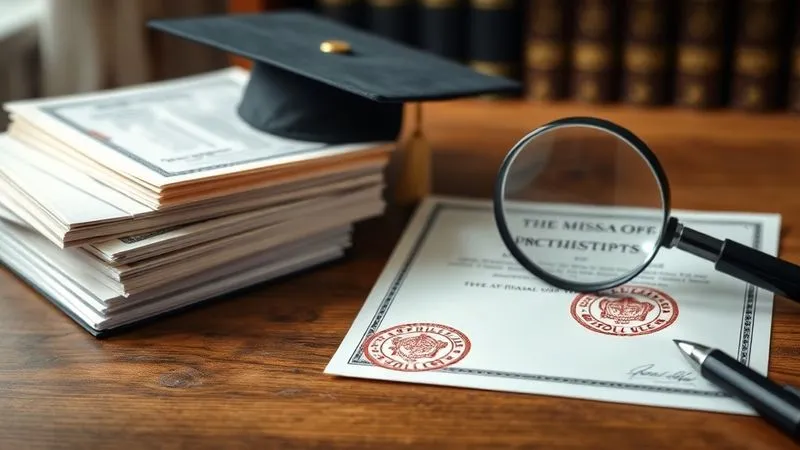 A photorealistic image of a stack of official documents, including a diploma, transcripts, and a document with a red seal of 'Apostille of The Hague', all neatly organized on a wooden desk. A magnifying glass is nearby, highlighting the detail of the seals. Professional photography, 8K, cinematic lighting, sharp focus.