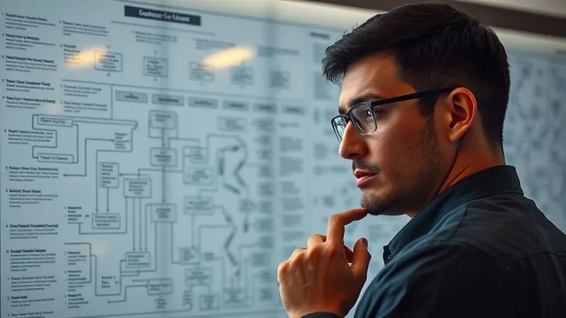 A photorealistic image of a person looking thoughtfully at a complex flowchart or map, representing the challenges and alternative paths in a bureaucratic process. The person has a determined expression, and the background is slightly blurred, emphasizing focus on problem-solving. Cinematic lighting, professional photography, 8K.
