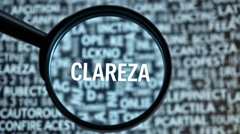 A photorealistic image of a magnifying glass hovering over a single, sharply focused word "CLAREZA" on a blurred background of many jumbled words. The lighting is bright and purposeful, emphasizing precision and insight. 8K hyper-detailed, professional photography, shot on a high-end DSLR.