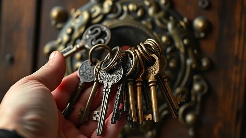 A photorealistic image of a hand holding a ring of various antique keys, trying to find the right one for a complex, ornate lock. The background is slightly blurred, suggesting a focus on the task. Cinematic lighting highlights the intricate details of the keys and lock, symbolizing different approaches to a problem. 8K hyper-detailed, professional photography, shot on a high-end DSLR.