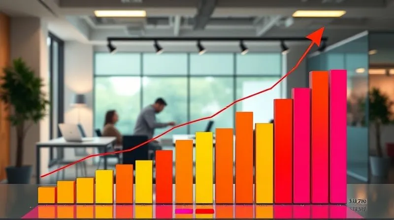 A photorealistic image of a vibrant, colorful bar chart showing a sharp increase in a feedback metric over time, with a small startup logo subtly integrated. The chart is set against a backdrop of a modern, bright office space with collaborative elements. Cinematic lighting highlights the positive trend. 8K hyper-detailed, professional photography, shot on a high-end DSLR.