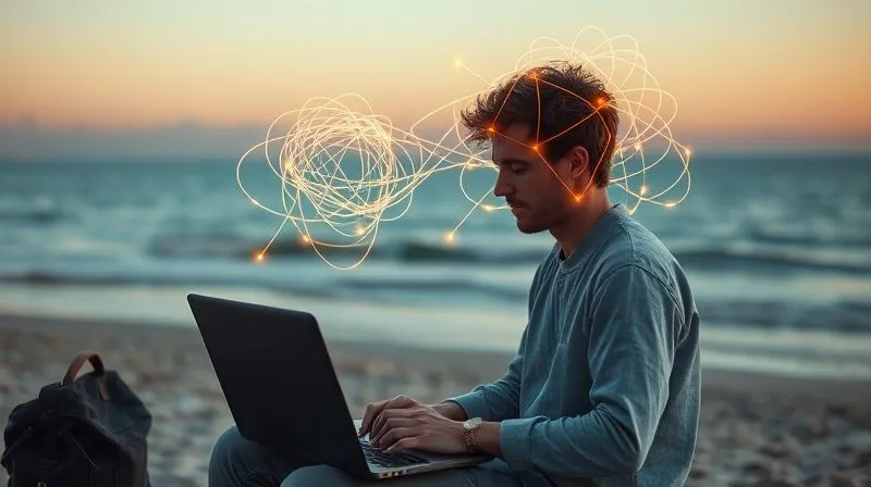 A photorealistic image of a digital nomad sitting in front of a laptop, but their mind is visibly cluttered with tangled, glowing thought lines representing overthinking, self-doubt, and perfectionism. The background is a beautiful, serene beach, creating a stark contrast with the internal struggle. Cinematic lighting, sharp focus on the internal turmoil, depth of field. 8K hyper-detailed.
