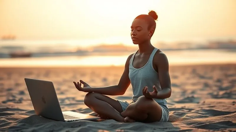 A photorealistic image of a digital nomad meditating peacefully on a tranquil beach at sunrise, laptop closed beside them. The light is soft and warm, casting a gentle glow. The nomad has a calm, serene expression, representing self-compassion and mental clarity. 8K hyper-detailed, professional photography, cinematic lighting, sharp focus, depth of field.