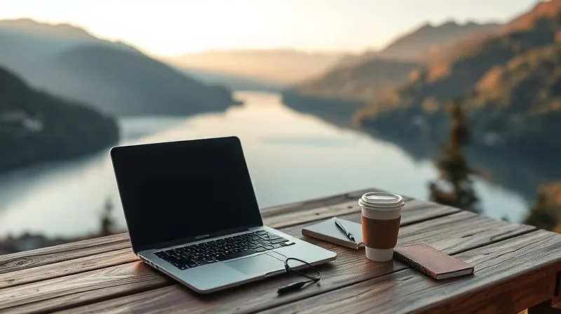 A photorealistic image of a minimalist, portable digital nomad workspace set up on a rustic wooden table overlooking a serene mountain lake at sunrise. A sleek laptop, a small notebook, and a reusable coffee cup are neatly arranged. The lighting is soft and natural, emphasizing tranquility and focus. 8K hyper-detailed, professional photography, cinematic lighting, sharp focus, depth of field.