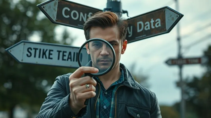 A photorealistic image of a person at a crossroads, with multiple street signs pointing in conflicting directions. Each sign has small, faded text, symbolizing conflicting data. The person is holding a magnifying glass, intently examining the details of one sign, with a determined and focused expression. Cinematic lighting, sharp focus on the person and the signs, depth of field blurring the background, 8K hyper-detailed, professional photography, shot on a high-end DSLR.