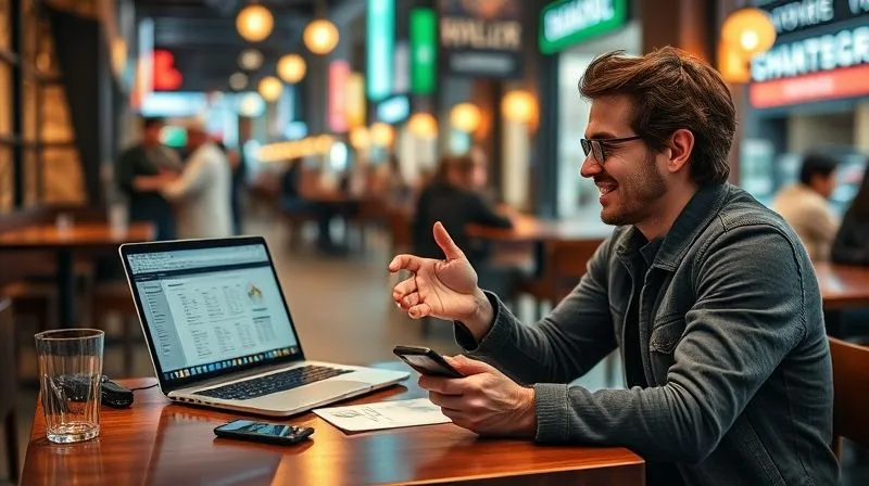 A photorealistic image of a digital nomad sitting in a bustling café in a foreign city, actively engaged in a video call with another nomad. On the table, a laptop displays a spreadsheet, and a smartphone shows a local map. The nomad is smiling, gesturing, and clearly exchanging real-time information and experiences, validating data. Cinematic lighting, sharp focus on the interaction, depth of field blurring the background, 8K hyper-detailed, professional photography, shot on a high-end DSLR.