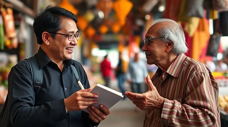 A photorealistic image of a digital nomad having a deep, engaging conversation with a local elder in a vibrant market setting in Southeast Asia. Both are smiling, conveying mutual respect and understanding. The nomad is holding a small notebook, taking notes, while the elder gestures with wisdom. Cinematic lighting, sharp focus on their faces, depth of field blurring the market background, 8K hyper-detailed, professional photography, shot on a high-end DSLR.